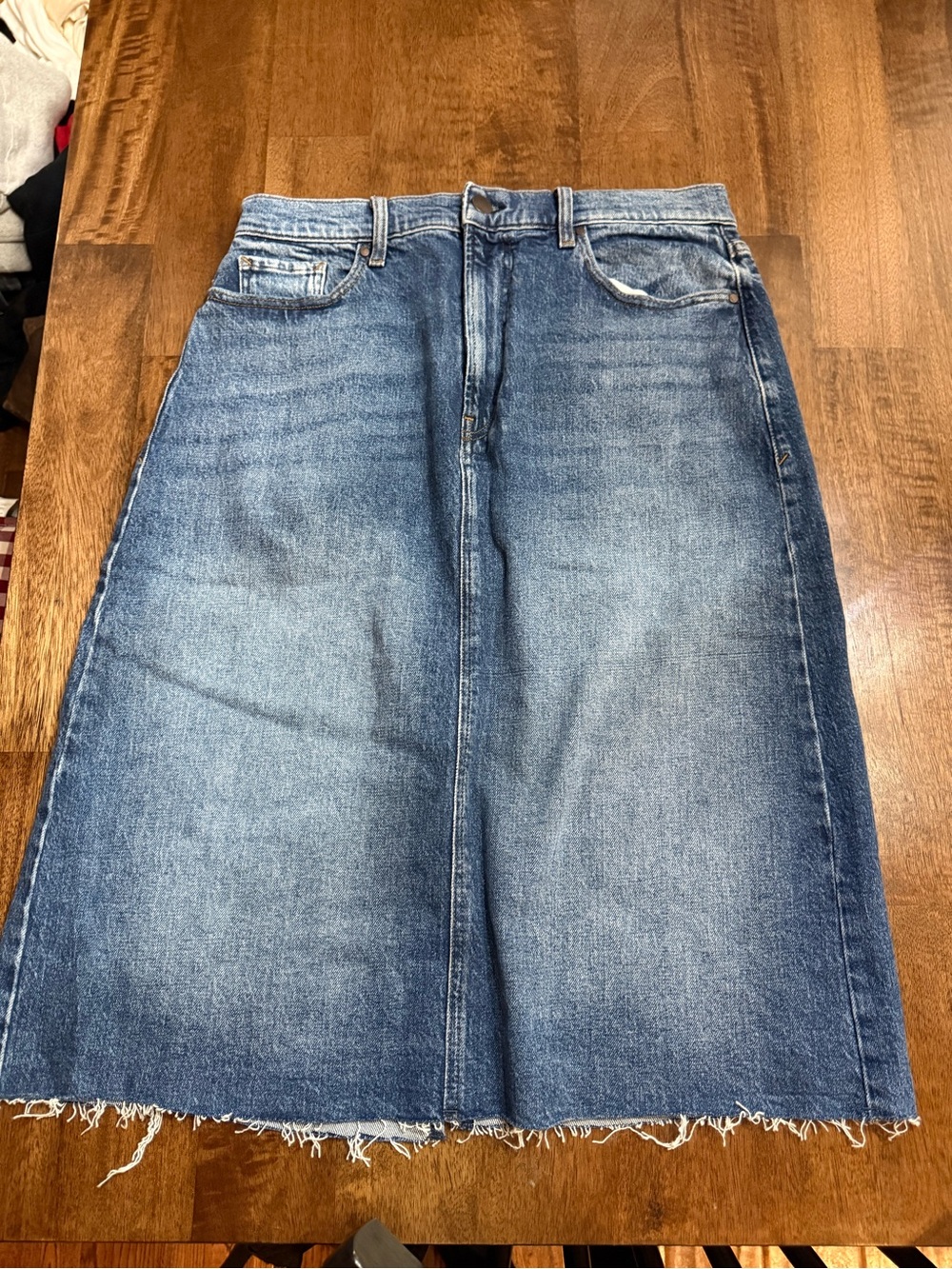 a.n.a Blue Denim Midi Skirt with Frayed Hem